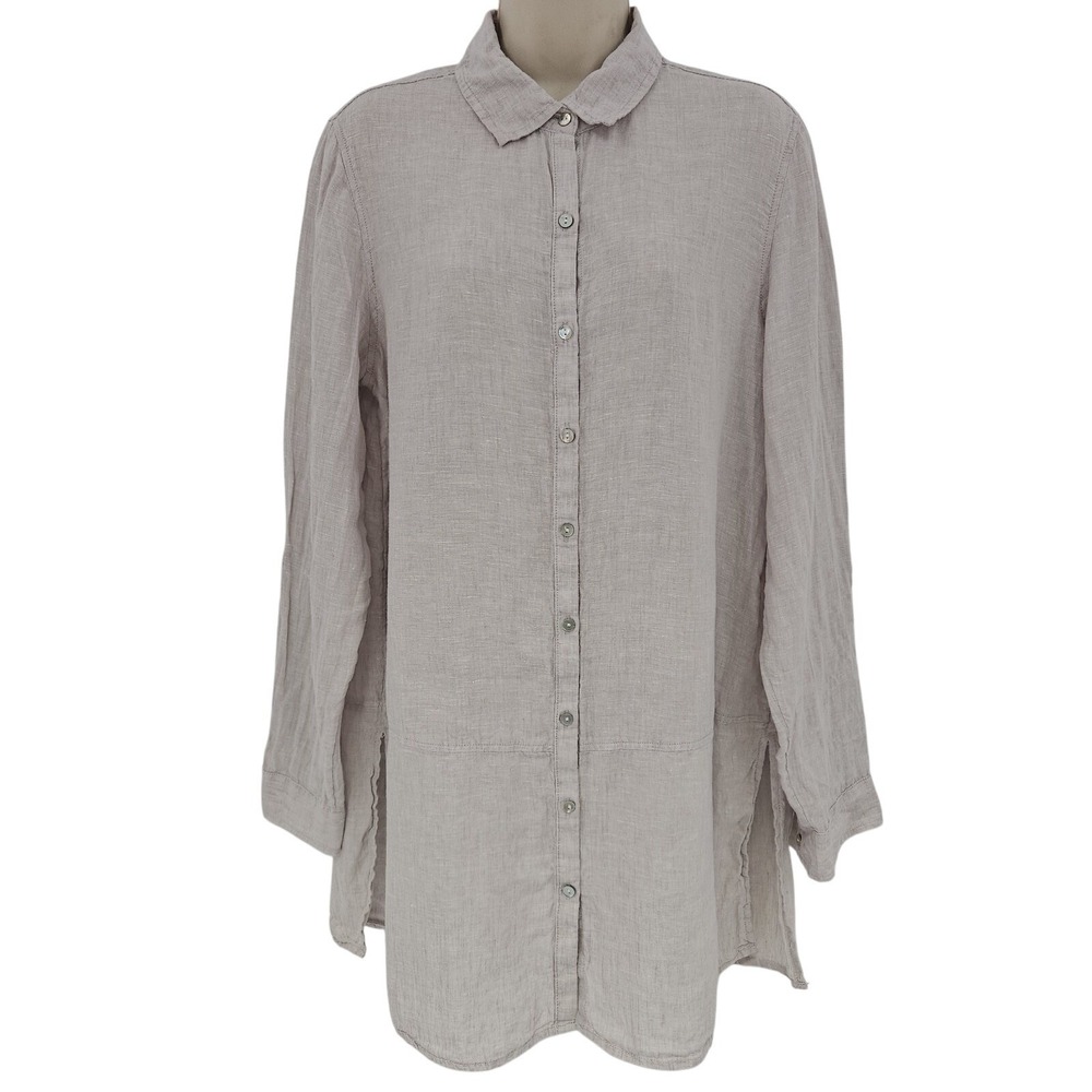 Tahari 100% Linen Top Women M Slate gray Preppy Lagenlook Capsule Minimalist